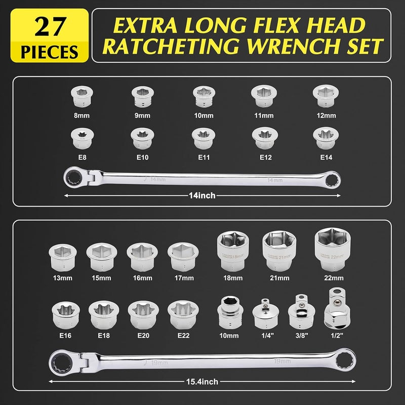 EMENTOL 27PCS Extra Long Flex Head Ratcheting Wrench Set, CR-V, Double Box End Ratchet Wrench Set with 8mm - 22mm, E8 - E22, 1/4", 3/8", 1/2" Socket Adapters Replacement Heads - Image 2